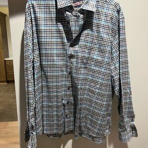 johnnie-O Checkered Shirt in Blue, Brown, and White